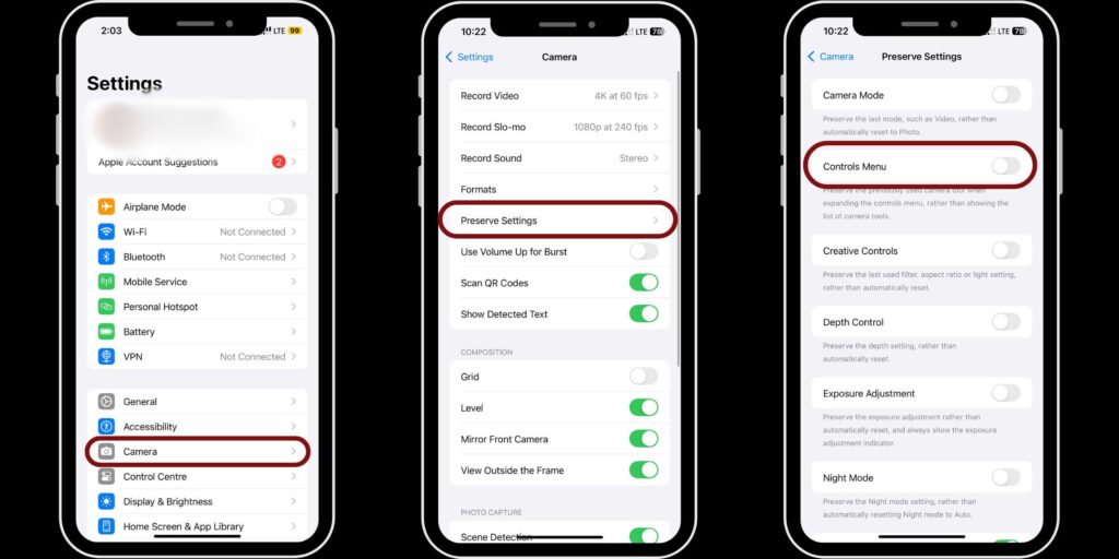 New Camera Setting Controls Menu